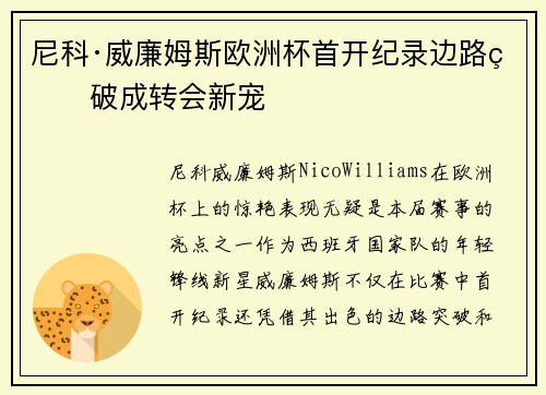 尼科·威廉姆斯欧洲杯首开纪录边路爆破成转会新宠
